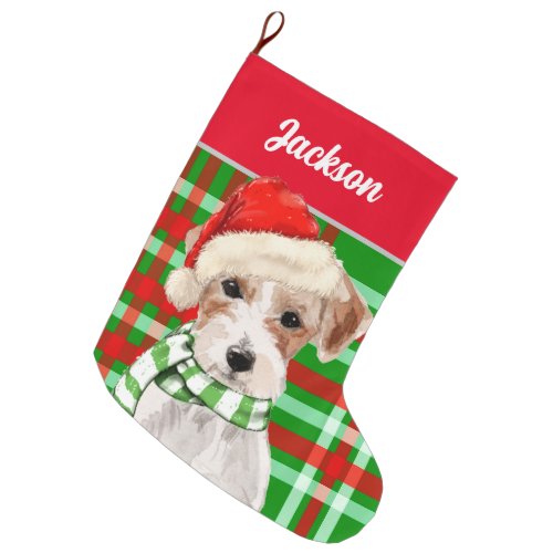 Jack Russell Terrier and Green Plaid Dogs Name Large Christmas Stocking