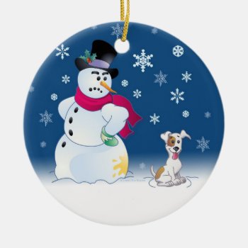 Jack Russell Terrier And Snowman Ceramic Ornament by cleverpupart at Zazzle