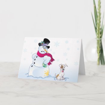 Jack Russell Terrier And Snowman Holiday Card by cleverpupart at Zazzle