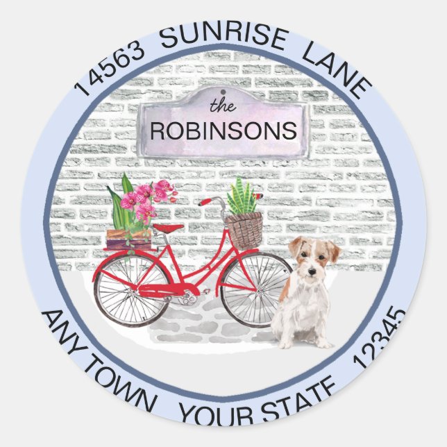Jack Russell Terrier Bicycle New Address   Classic Round Sticker (Front)