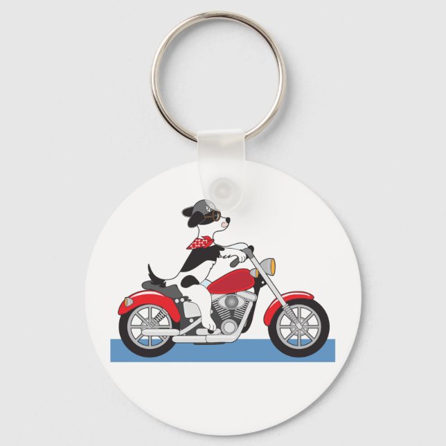 Jack Russell Terrier Biker Dog on Red Motorbike Keychain (Front)