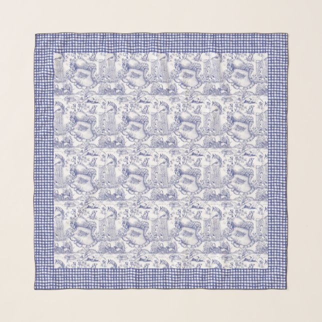 JACK RUSSELL Terrier Blue Toile & Gingham Scarf (Front)