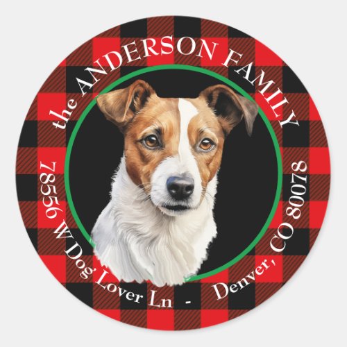 Jack Russell Terrier Buffalo Plaid Return Address Classic Round Sticker