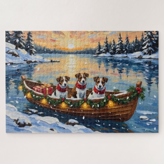 Jack Russell Terrier Christmas Boat Holiday Jigsaw Puzzle (Horizontal)