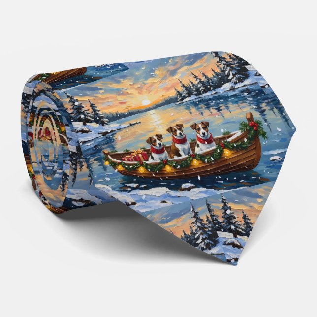 Jack Russell Terrier Christmas Boat Holiday Neck Tie (Rolled)