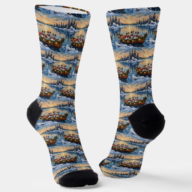 Jack Russell Terrier Christmas Boat Holiday Socks (Angled)