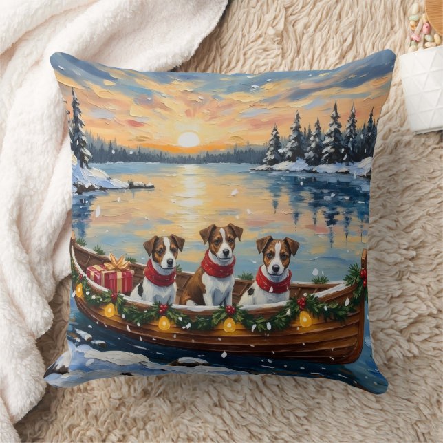 Jack Russell Terrier Christmas Boat Holiday Throw Pillow (Blanket)