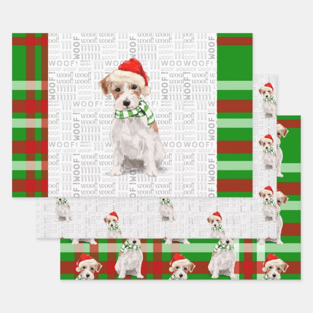 Jack Russell Terrier Christmas Dog Plaid Wrapping Paper Sheets (Set)