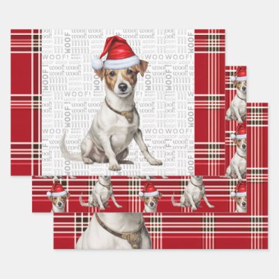 Jack Russell Terrier Christmas Dog Red Plaid Wrapping Paper Sheets