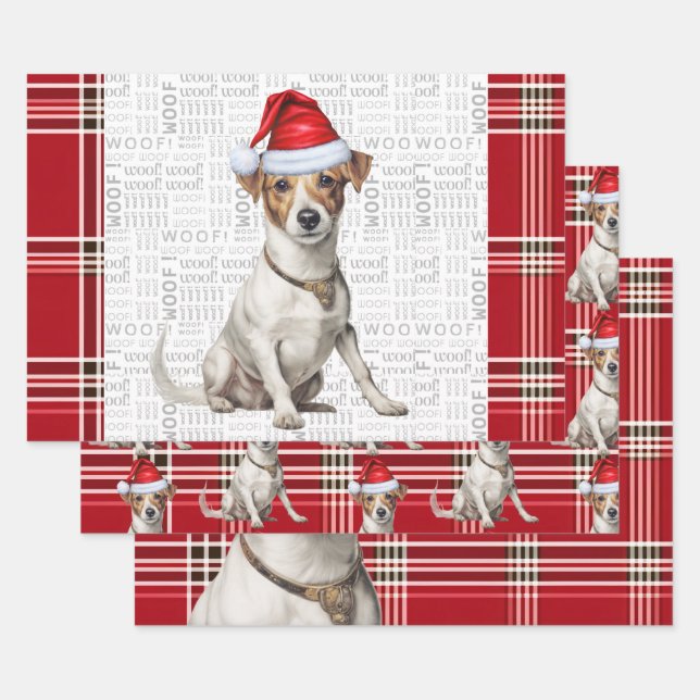 Jack Russell Terrier Christmas Dog Red Plaid Wrapping Paper Sheets (Set)