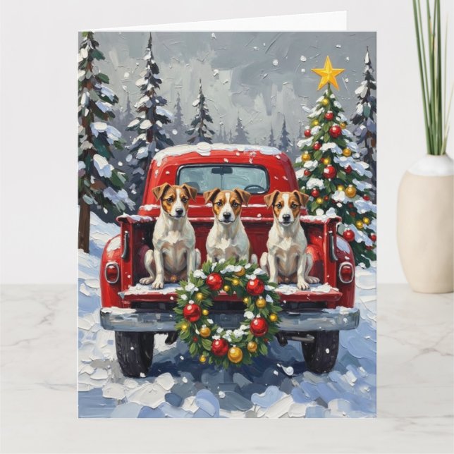 Jack Russell Terrier Christmas Red Truck Holiday Card (Front)