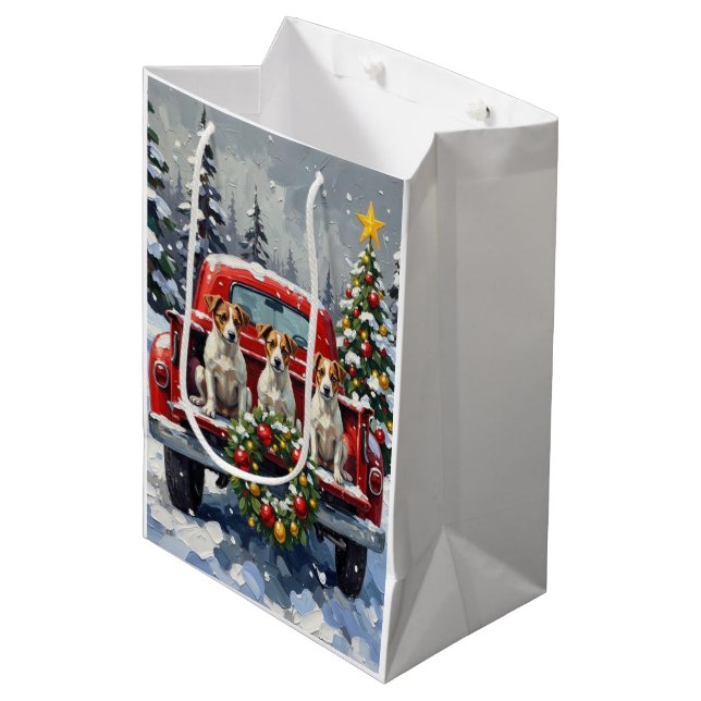 Jack Russell Terrier Christmas Red Truck Holiday Medium Gift Bag (Front Angled)