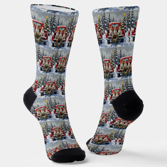 Jack Russell Terrier Christmas Red Truck Holiday Socks (Angled)