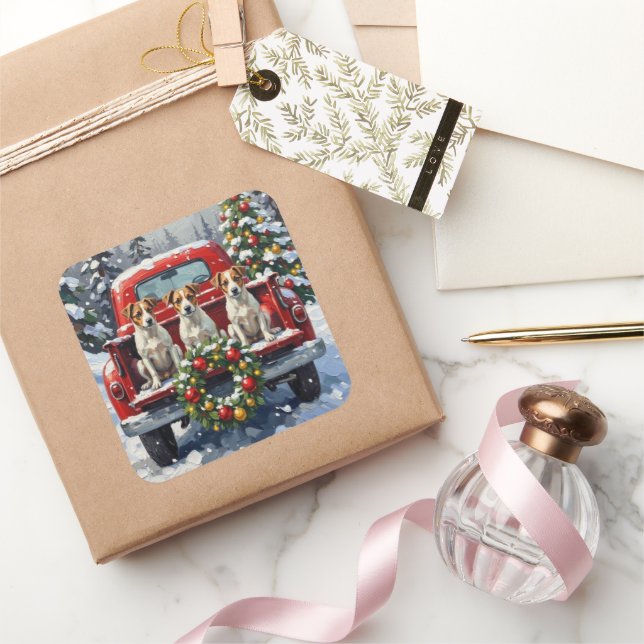 Jack Russell Terrier Christmas Red Truck Holiday Square Sticker (Gifting)
