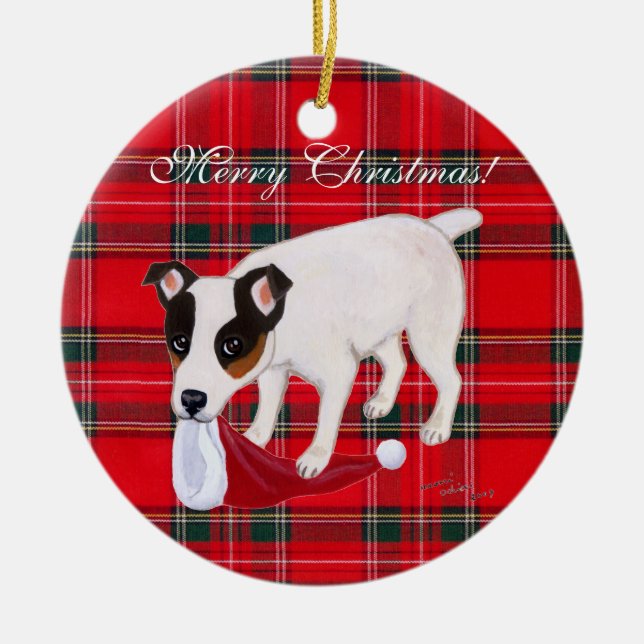 Jack Russell Terrier Christmas Tartan Ceramic Ornament (Front)