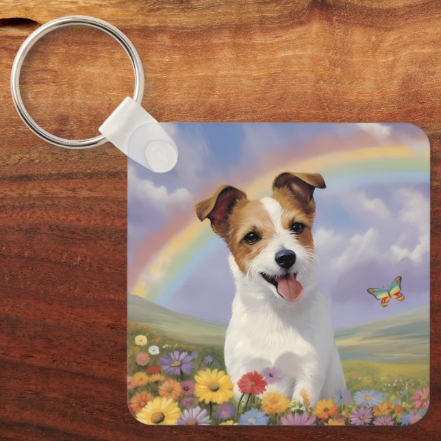 Jack Russell Terrier Custom Name Rainbow Butterfly Keychain (Front)