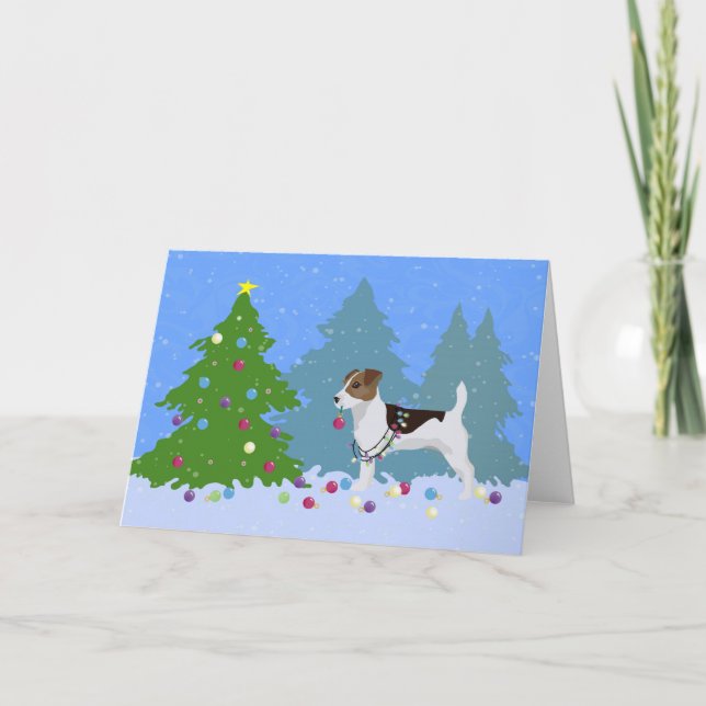 Jack Russell Terrier Decorating Christmas Tree Holiday Card (Front)