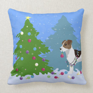 Jack Russell Terrier Decorating Christmas Tree Throw Pillow
