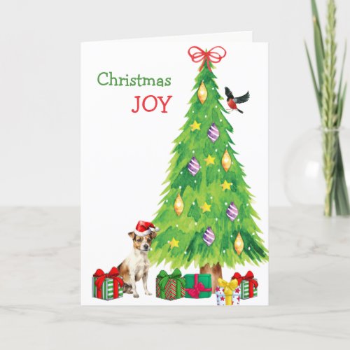 Jack Russell Terrier Dog Bird and Christmas Tree Holiday Card