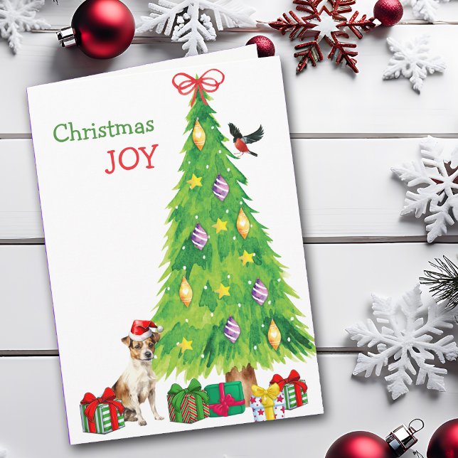 Jack Russell Terrier Dog, Bird and Christmas Tree Holiday Card (Creator Uploaded)