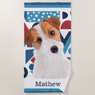 Jack Russell Terrier Dog Blue and Red Geometric Beach Towel