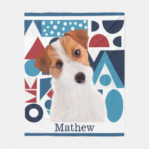 Jack Russell Terrier Dog Blue and Red Geometric Fleece Blanket