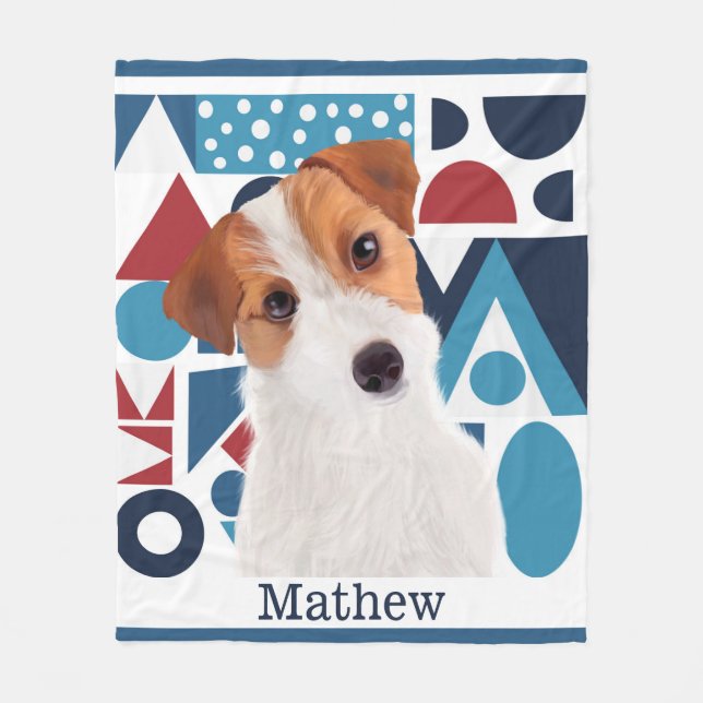 Jack Russell Terrier Dog Blue and Red Geometric  Fleece Blanket (Front)
