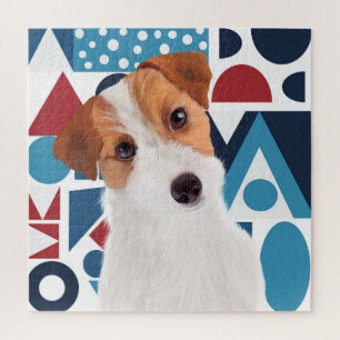 Jack Russell Terrier Dog Blue and Red Geometric  Jigsaw Puzzle