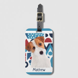 Jack Russell Terrier Dog Blue and Red Geometric Luggage Tag