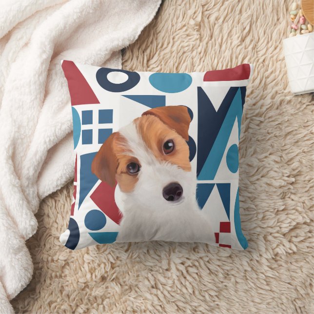Jack Russell Terrier Dog Blue and Red Geometric Throw Pillow (Blanket)