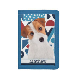 Jack Russell Terrier Dog Blue and Red Geometric Tri-fold Wallet