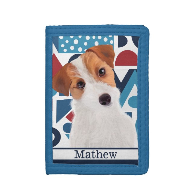 Jack Russell Terrier Dog Blue and Red Geometric  Trifold Wallet (Front Vertical)