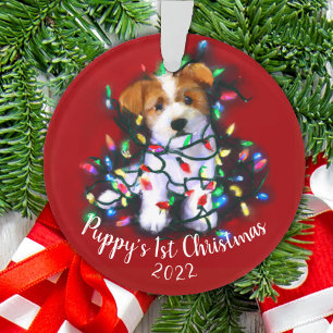 Jack Russell Terrier Dog & Christmas Tree Lights Ornament