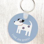 Jack Russell Terrier Dog Custom Text Keychain<br><div class="desc">An adorable Jack Russell or Parson Terrier dog on a blue background.
Perfect for your favorite dog mom or dog dad.
Change or remove the text to customize.</div>