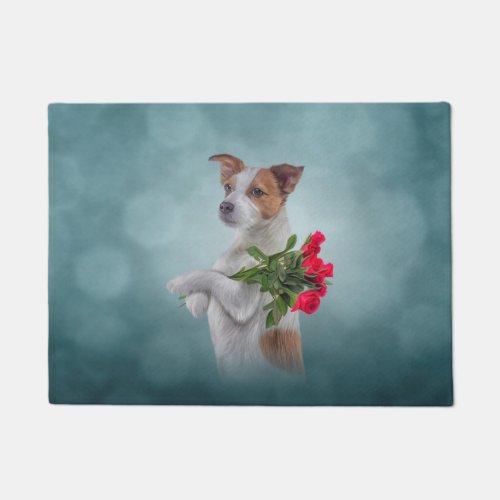 Jack Russell Terrier dog holds a bouquet of flower Doormat