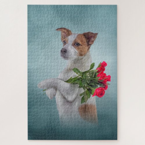 Jack Russell Terrier dog holds a bouquet of flower Jigsaw Puzzle