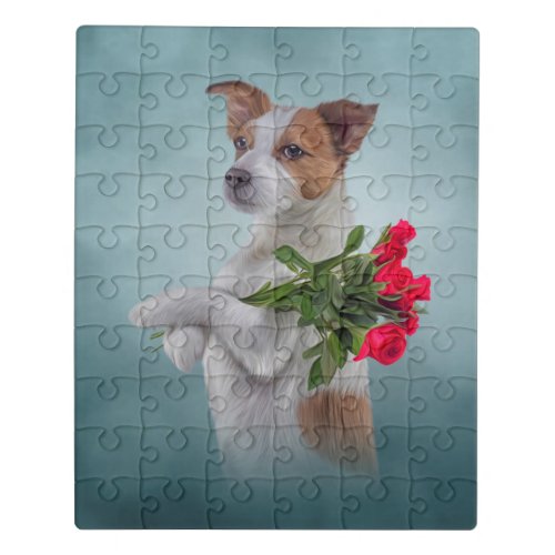 Jack Russell Terrier dog holds a bouquet of flower Jigsaw Puzzle