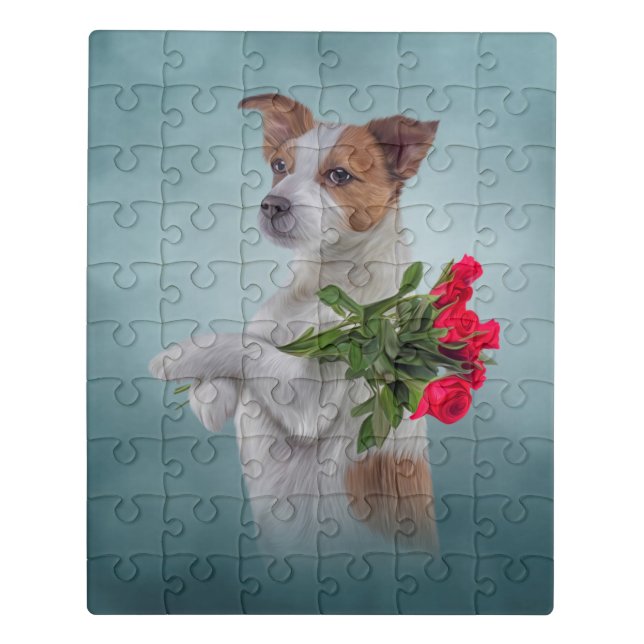 Jack Russell Terrier dog holds a bouquet of flower Jigsaw Puzzle (Puzzle Vertical)