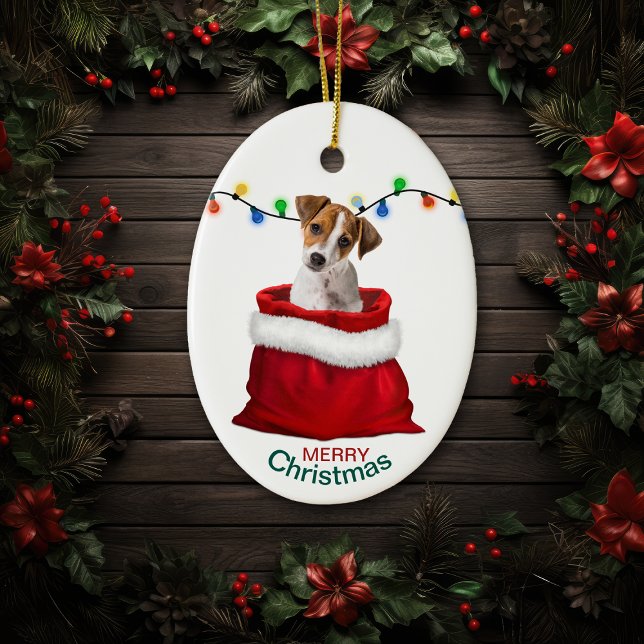 Jack Russell Terrier Dog in Holiday Gift Bag Ceramic Ornament (Creator Uploaded)