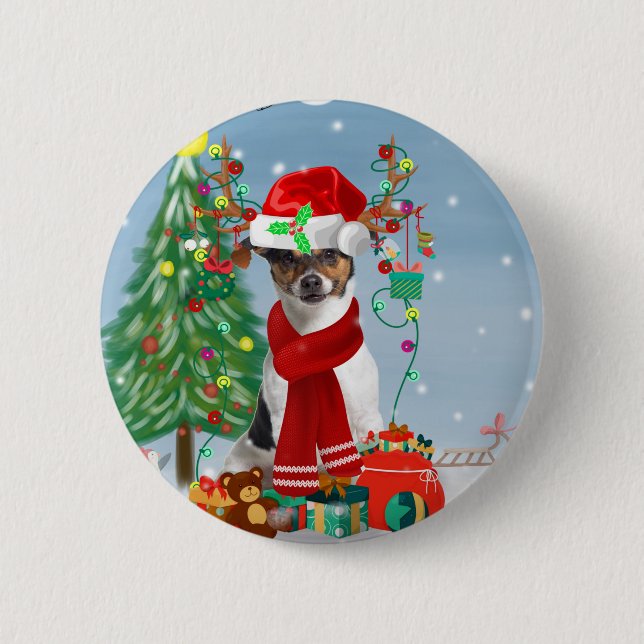 Jack Russell Terrier Dog in Snow Christmas Gifts   Button (Front)