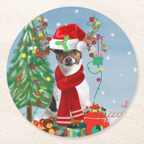 Jack Russell Terrier Dog in Snow Christmas Gifts   Round Paper Coaster