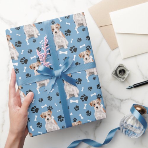 Jack Russell Terrier Dog Paw Print Pattern on Blue Wrapping Paper