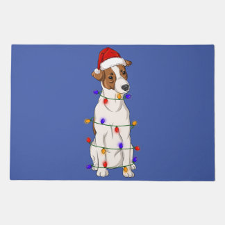 jack russell terrier dog wearing christmas hat lig doormat