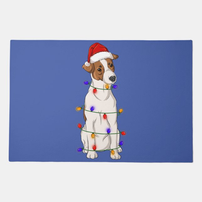 jack russell terrier dog wearing christmas hat lig doormat (Front)