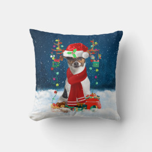 Jack Russell Terrier dog with Christmas gifts Throw Pillow