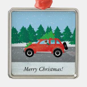 Jack Russell Terrier Driving Car Tree on Top Metal Ornament