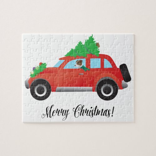 Jack Russell Terrier Driving Christmas Car Jigsaw Puzzle