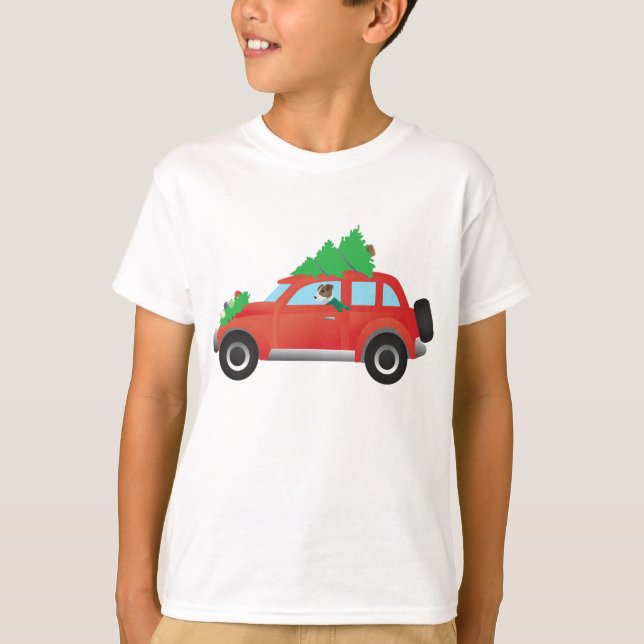 Jack Russell Terrier Driving Christmas Car T-Shirt (Front)