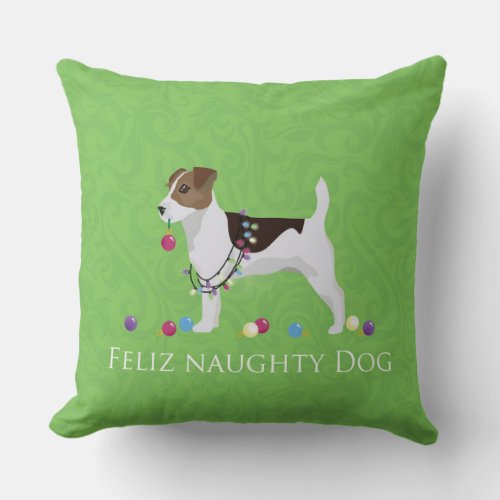 Jack Russell Terrier Feliz Naughty Dog Christmas Throw Pillow