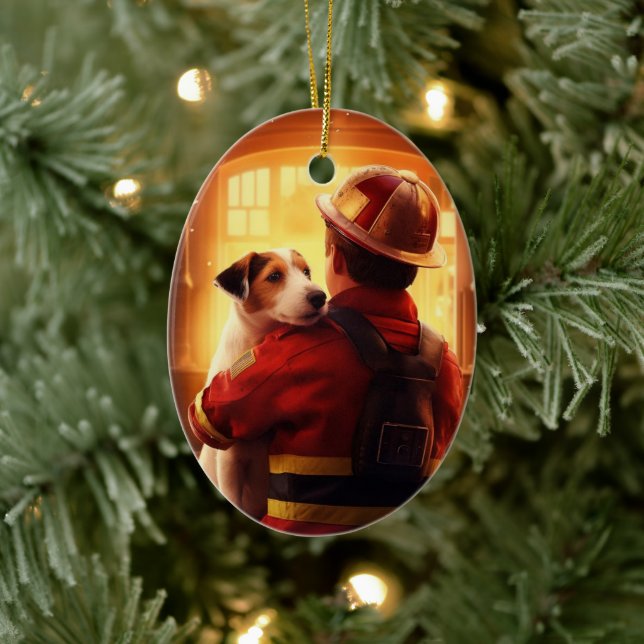 Jack Russell Terrier Fireman, Puppy, Pet Dog Lover Ceramic Ornament (Tree)